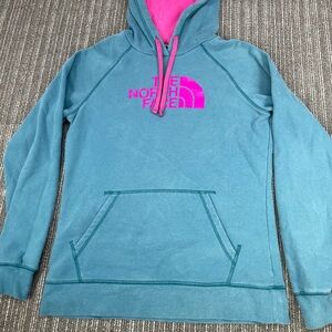 The North Face Blue Hoodie with Pink Logo